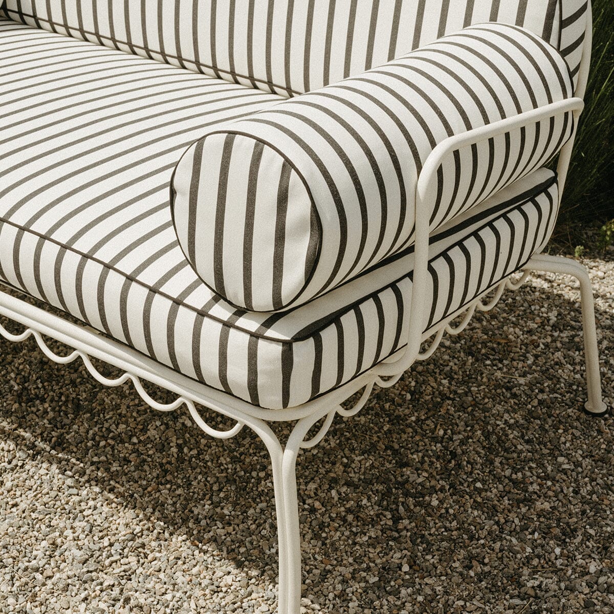 The Al Fresco Love Seat in Monaco Black Stripe | Antique White Frame Bundle Business & Pleasure Co.