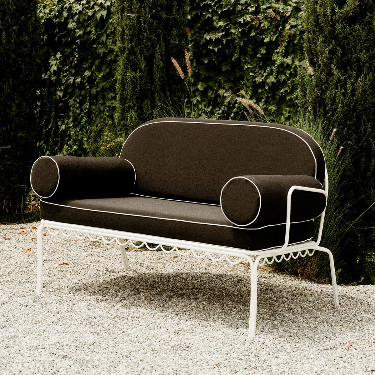 The Al Fresco Love Seat in Rivie Black | Antique White Frame Bundle Business & Pleasure Co.