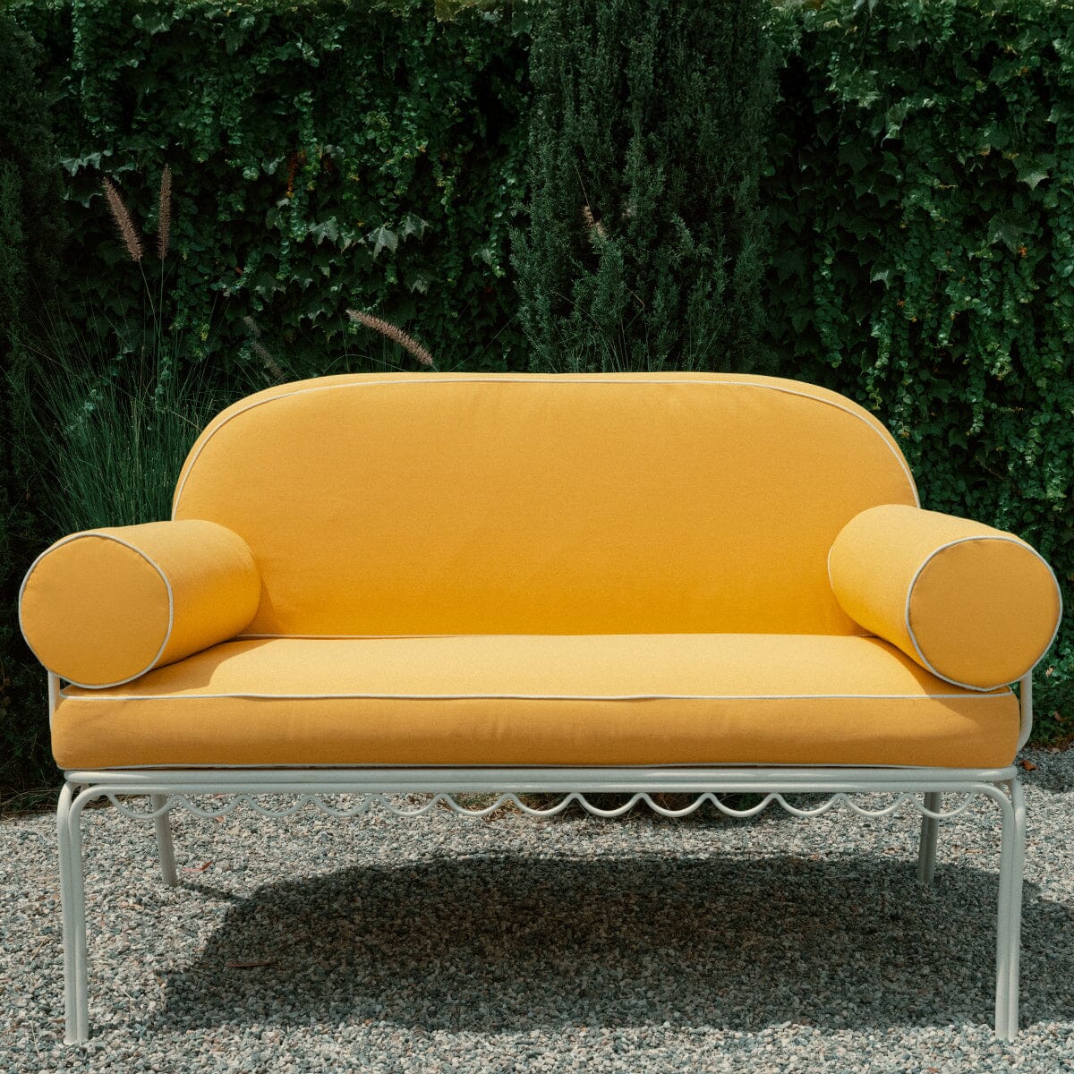 The Al Fresco Love Seat in Rivie Mimosa | Antique White Frame Bundle Business & Pleasure Co.