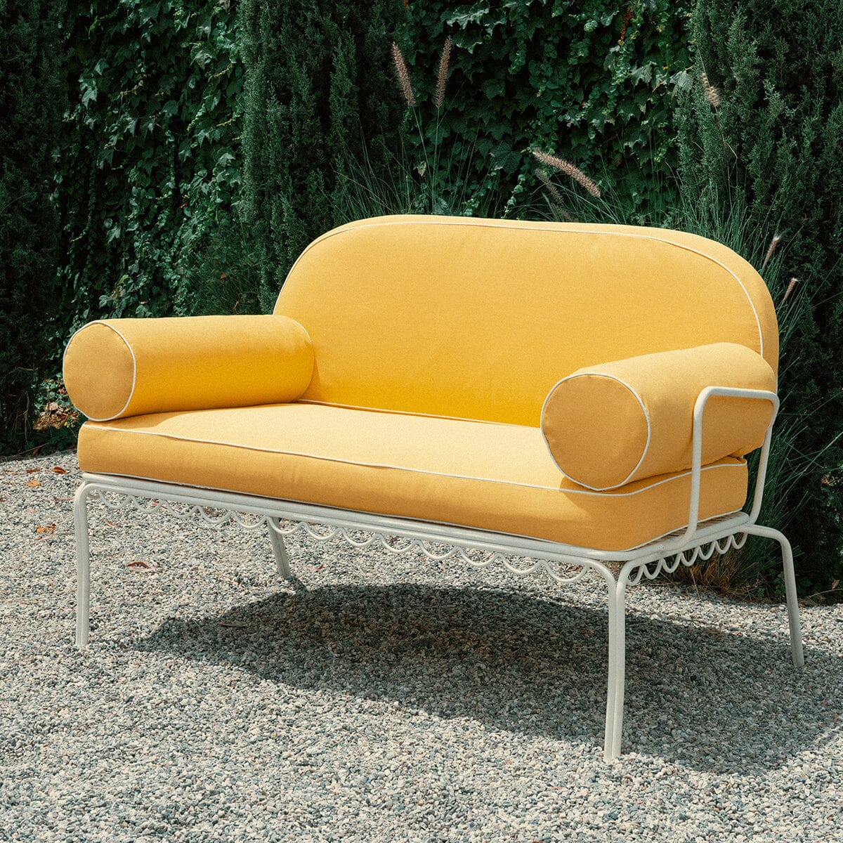 The Al Fresco Love Seat in Rivie Mimosa | Antique White Frame Bundle Business & Pleasure Co.