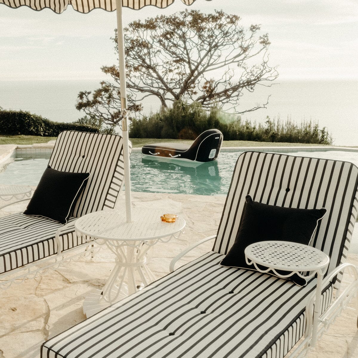 The Al Fresco Sun Lounger in Monaco Black Stripe | Antique White Frame Bundle Business & Pleasure Co.