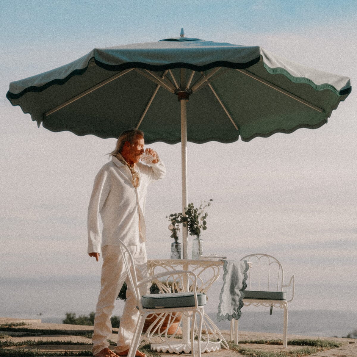 The Resort Market Umbrella in Rivie Green | 12' Antique White Frame Bundle Business & Pleasure Co.