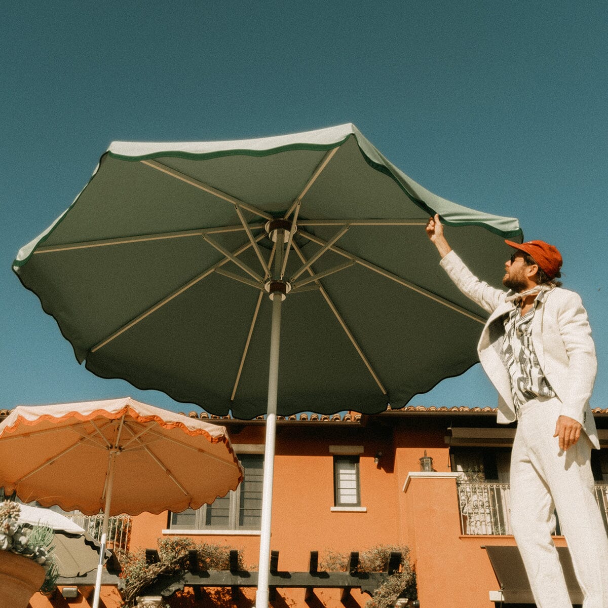 The Resort Market Umbrella in Rivie Green | 12' Antique White Frame Bundle Business & Pleasure Co.