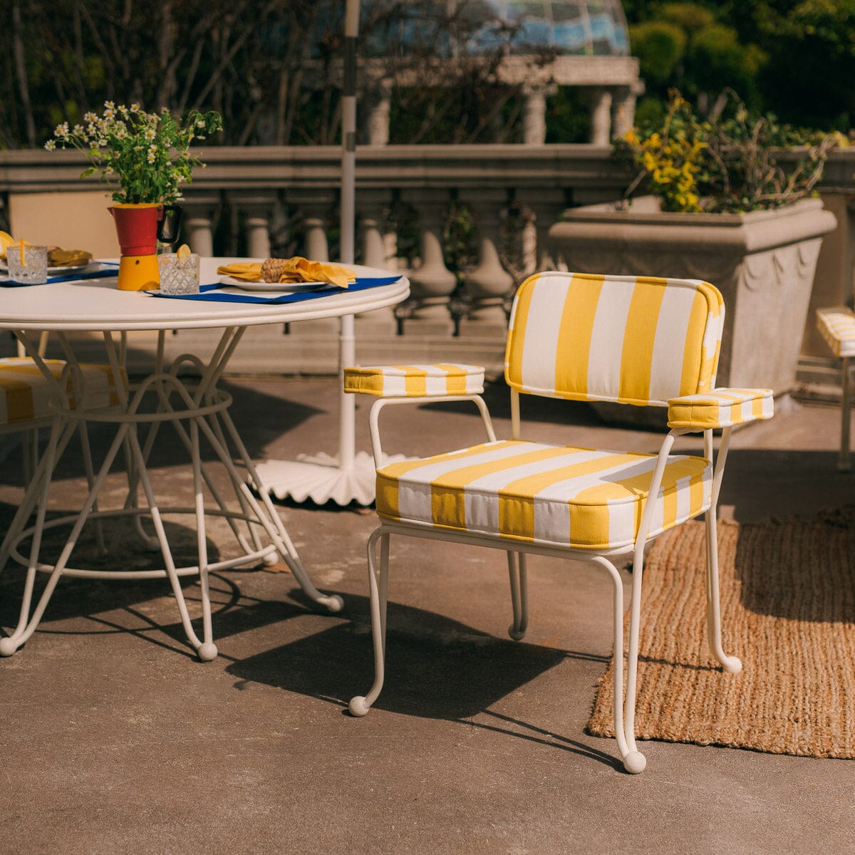 The Waterhouse Dining Chair in Crew Mimosa Yellow Stripe | Antique White Frame Bundle Business & Pleasure Co.