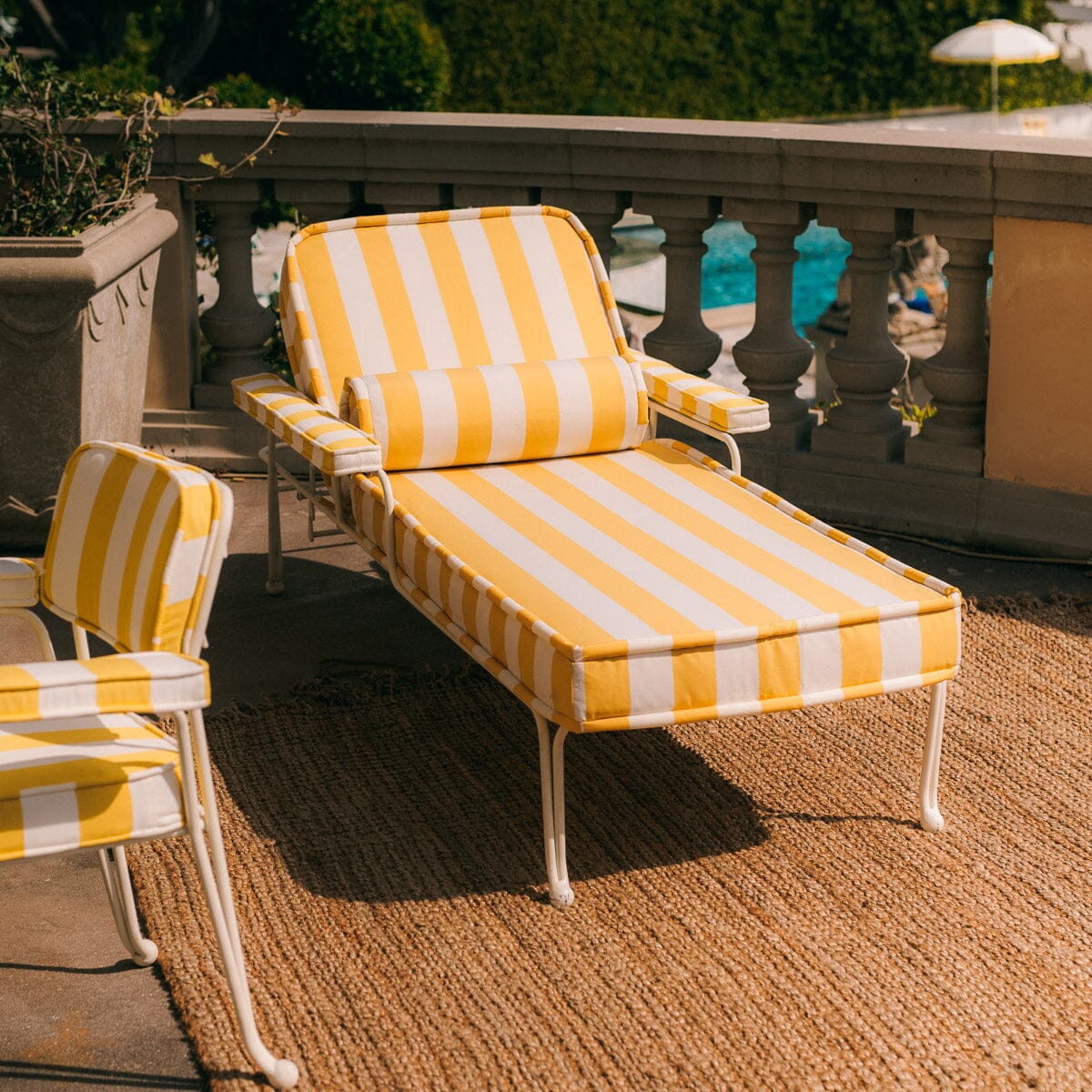 The Waterhouse Sun Lounger in Crew Mimosa Yellow Stripe | Antique White Frame Bundle Business & Pleasure Co.