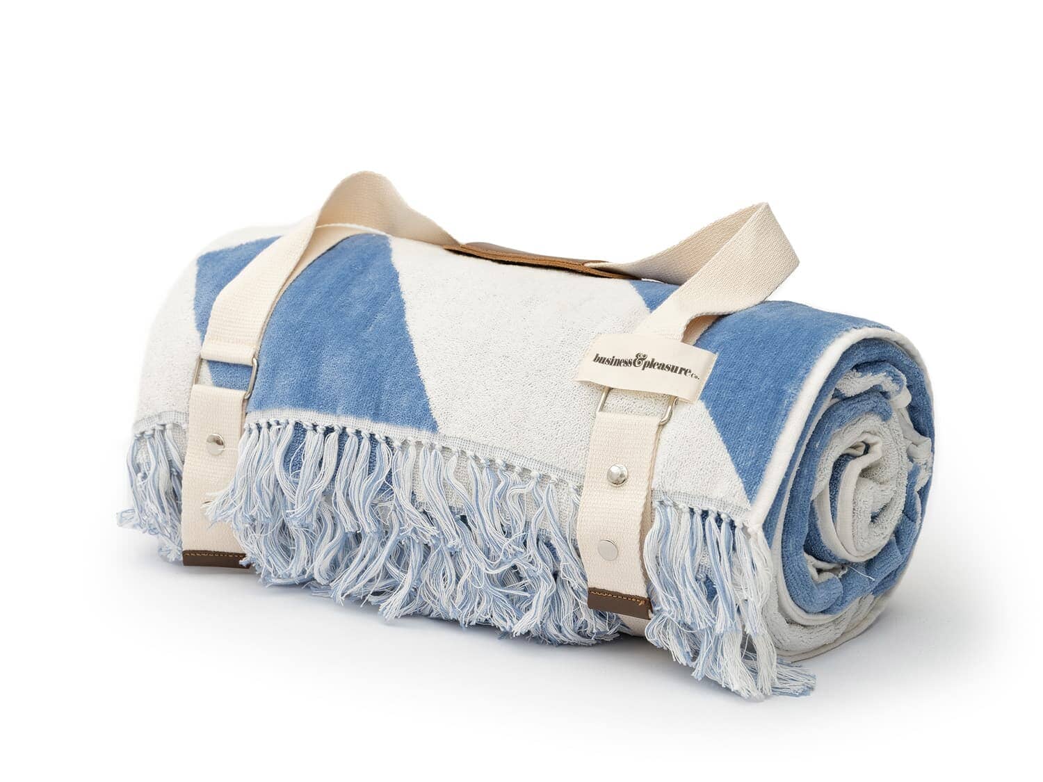 Studio image of blue spiral beach blanket rolled up