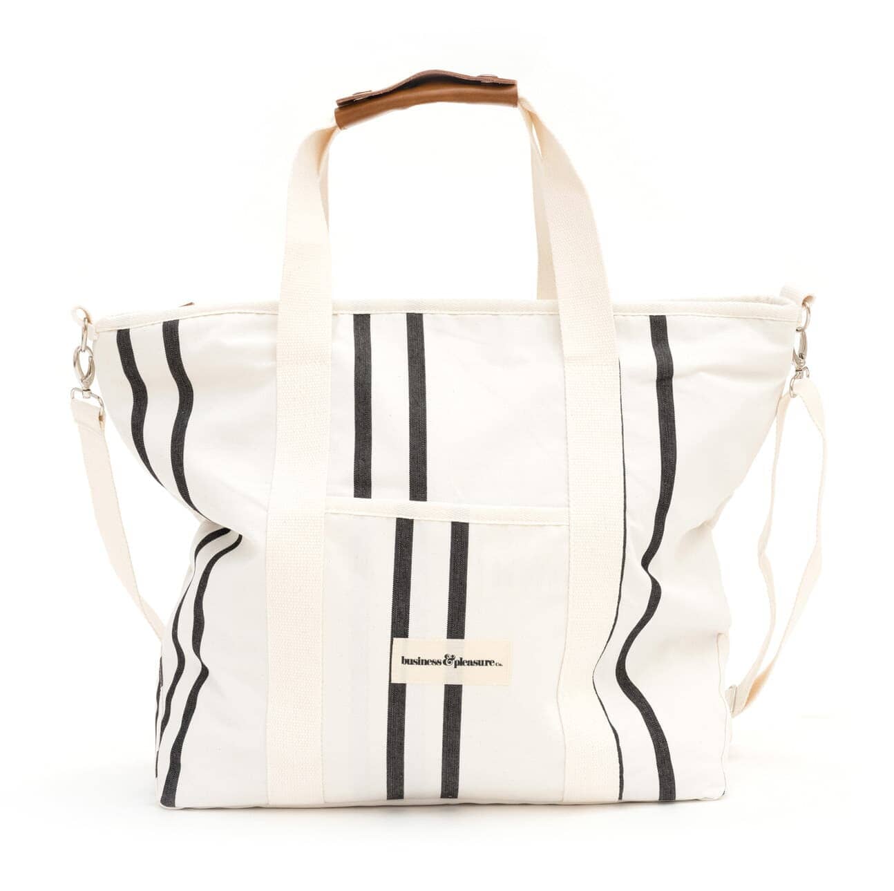 Studio image of black two stripe cooler tote