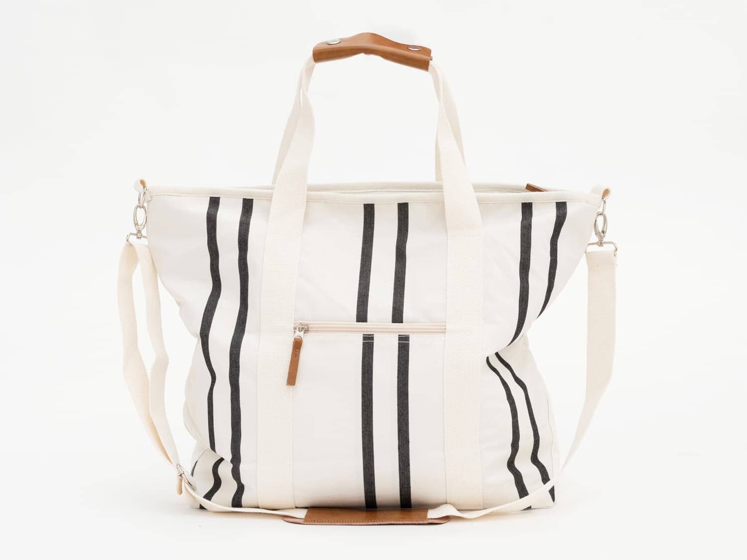 Studio image of black two stripe cooler tote