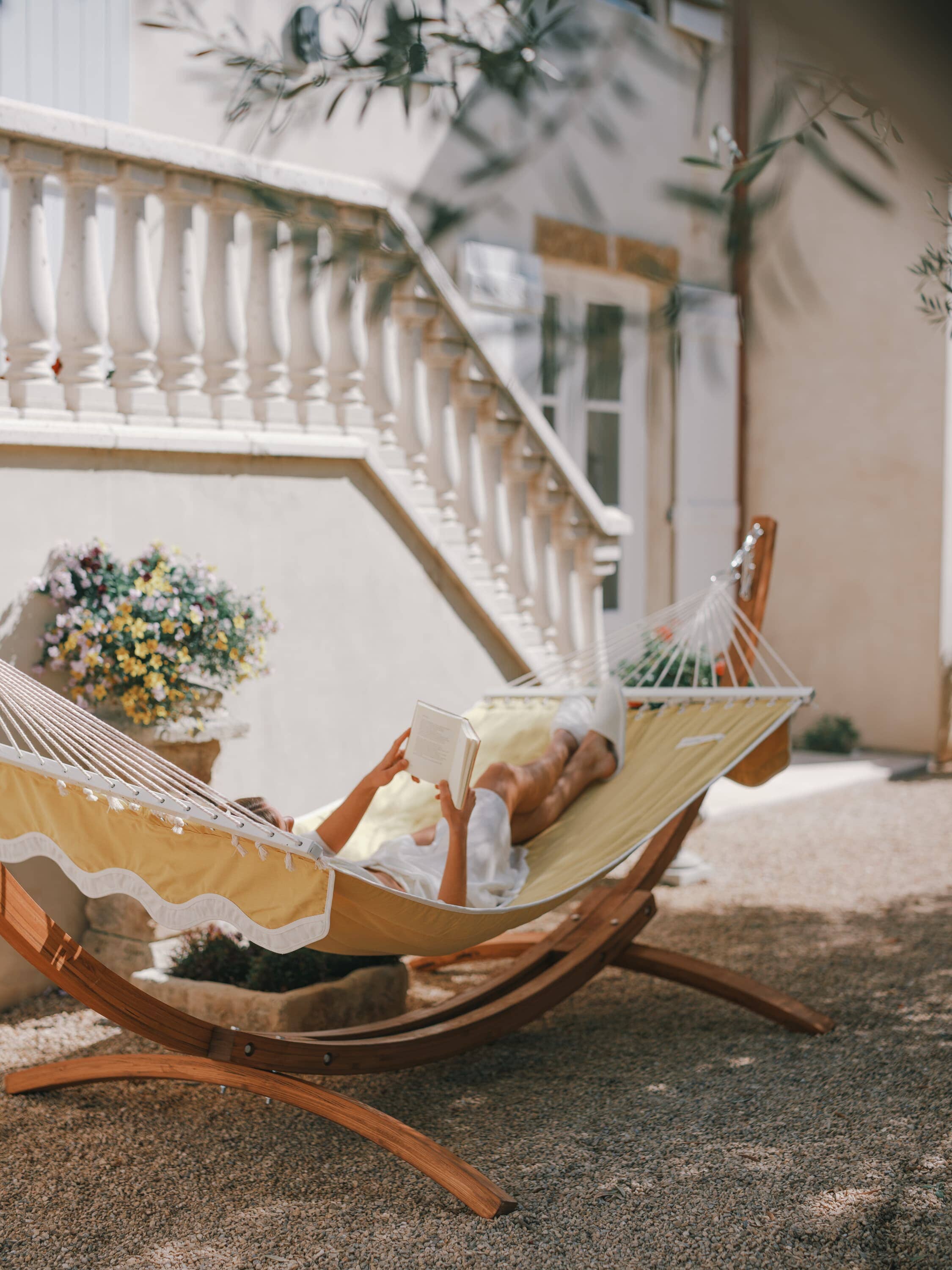 riviera mimosa hammock on a patio