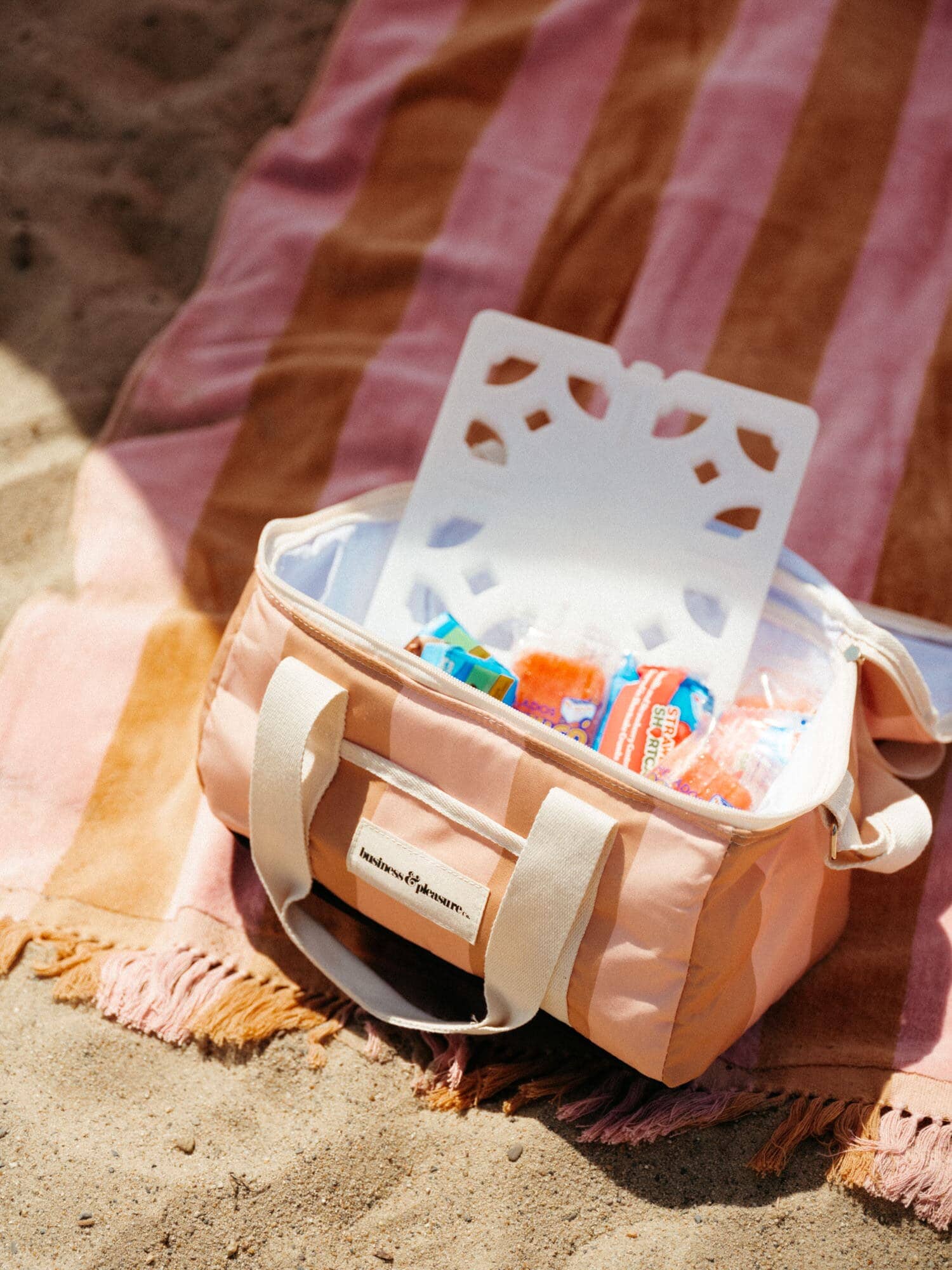 70s panel sand cooler and towel on the beach