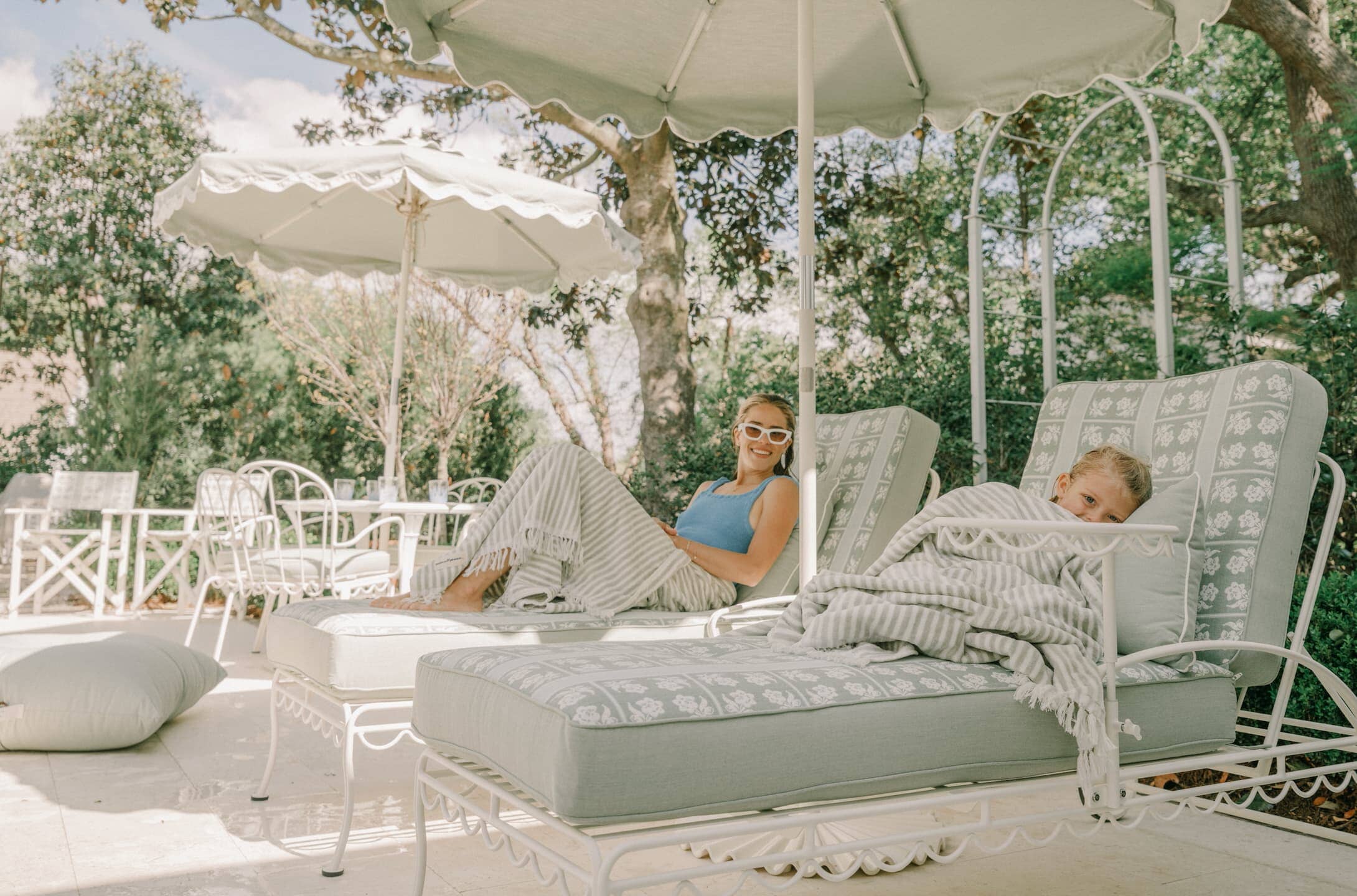Patio with furniture, towels and outdoor cushions