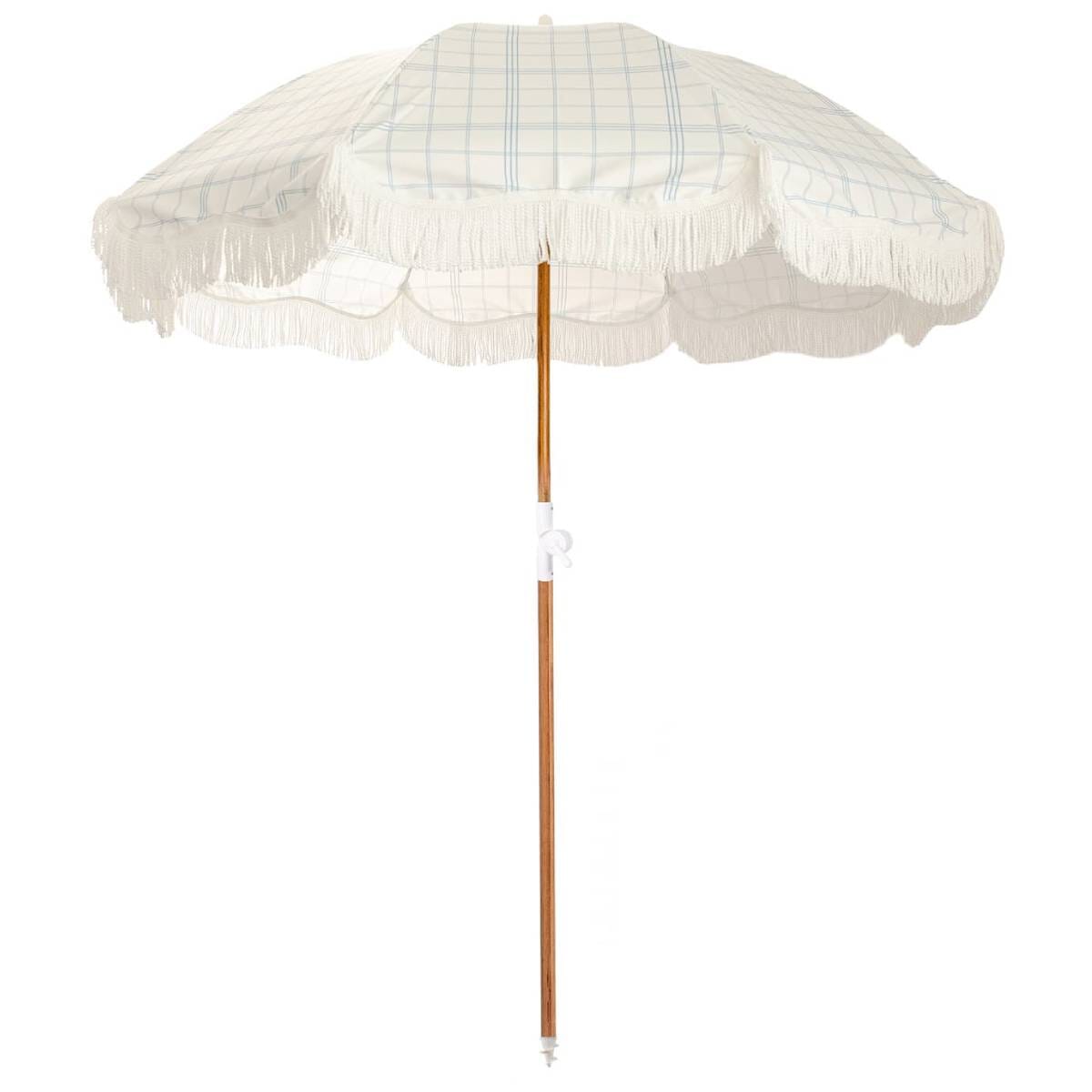 studio image of blue plaid holiday umbrella