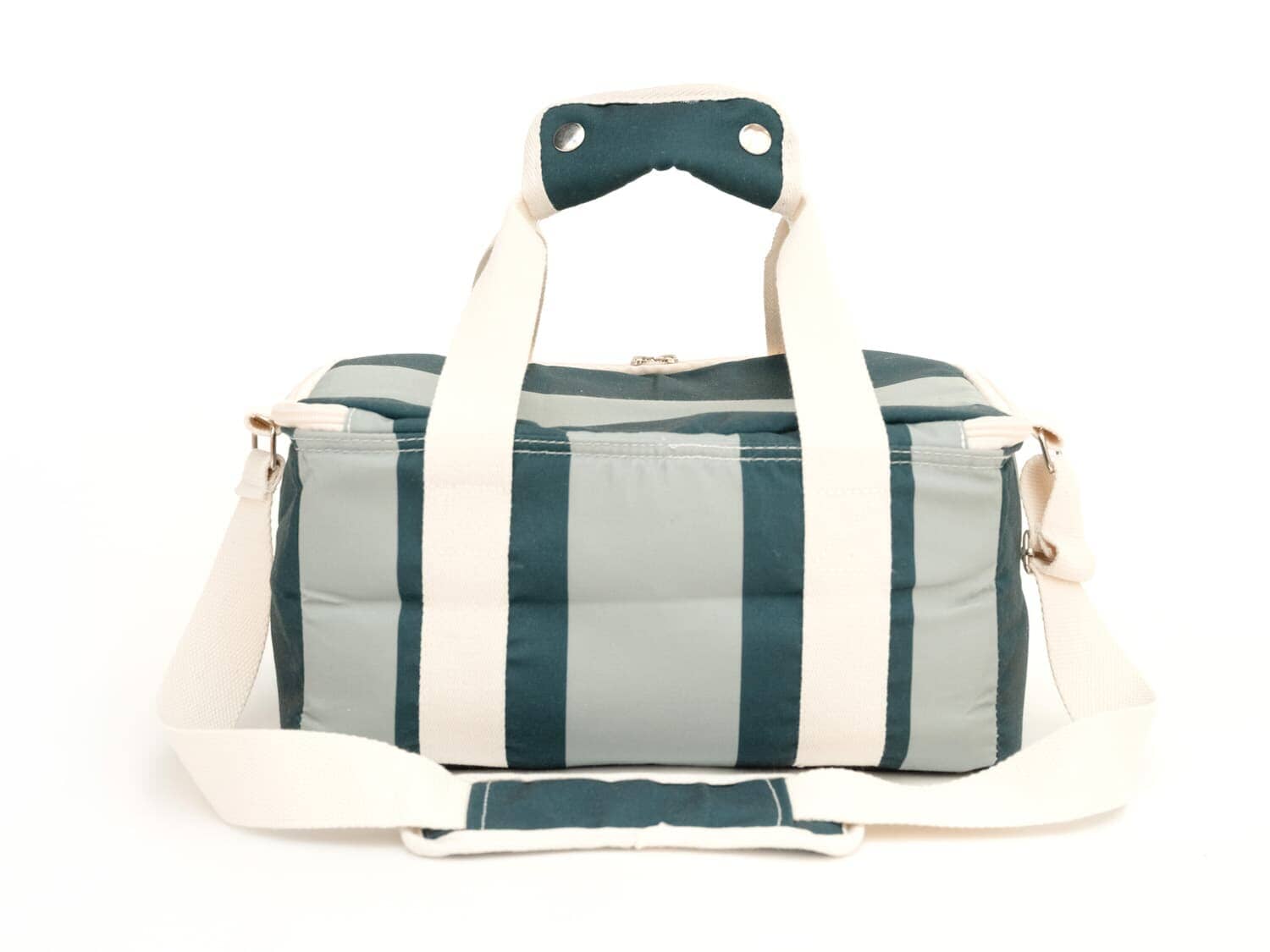 studio image of back of 70s green holiday cooler bag