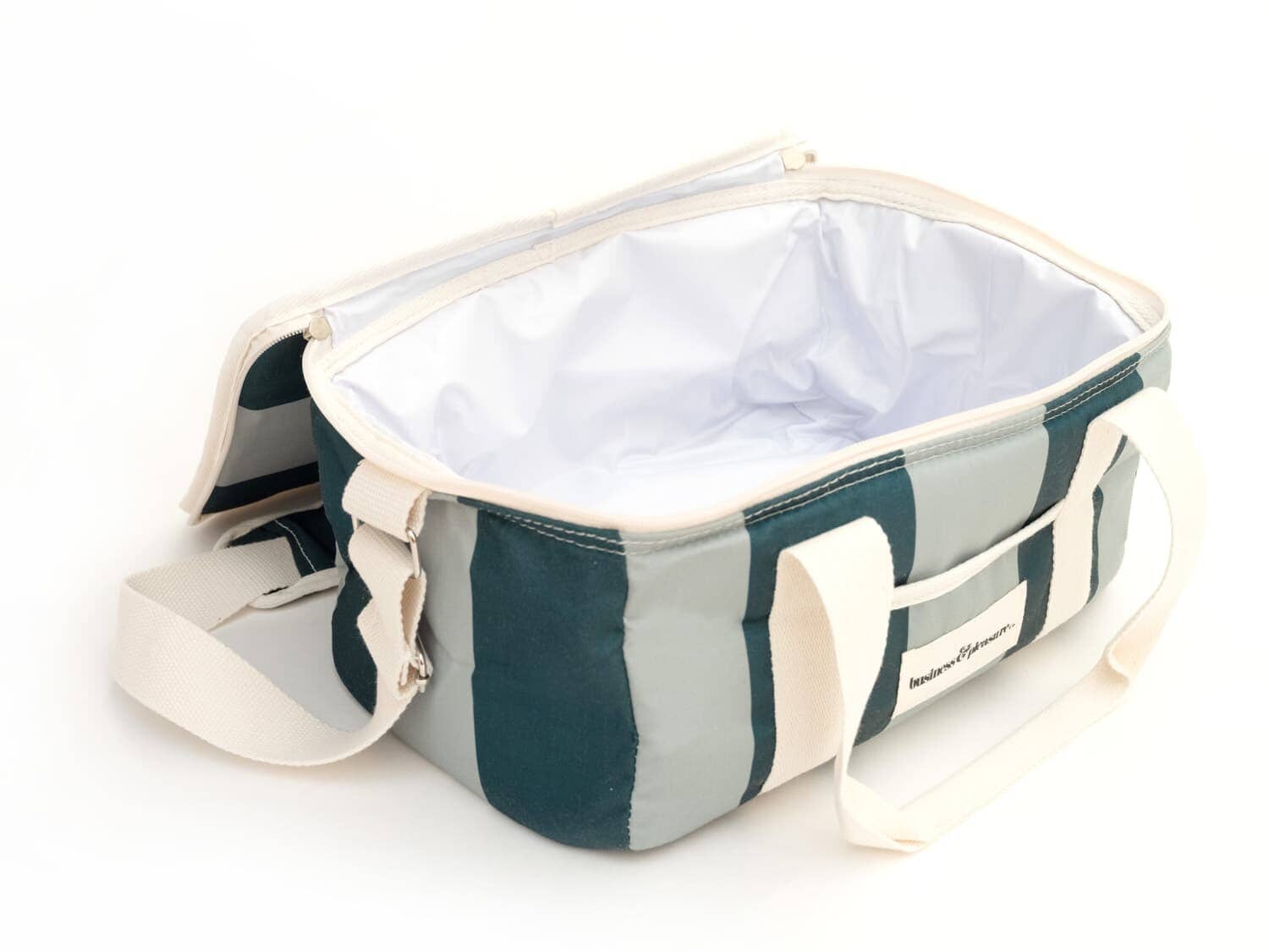studio image of 70s green holiday cooler bag with lid open