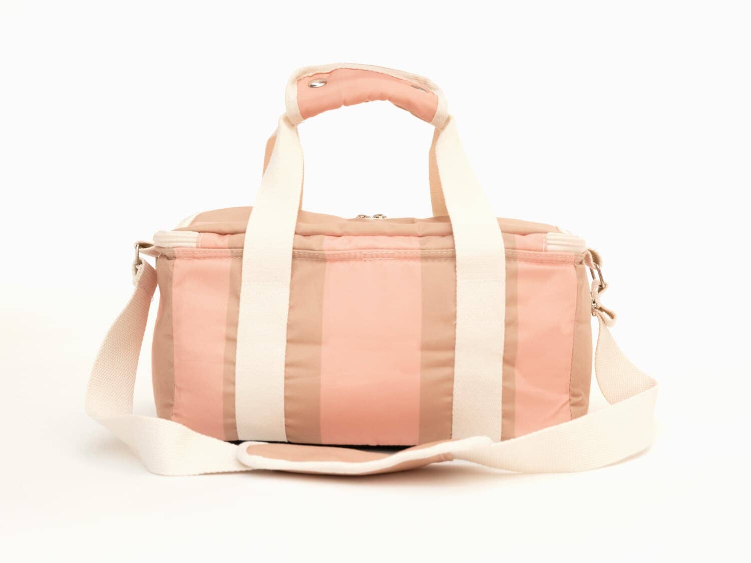 studio image of back view of 70s sand and pink holiday cooler bag