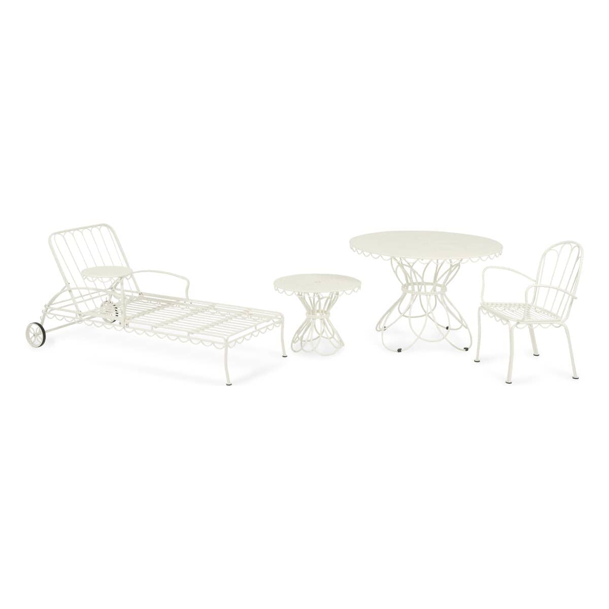 four different outdoor Al Fresco furniture piece in white metal