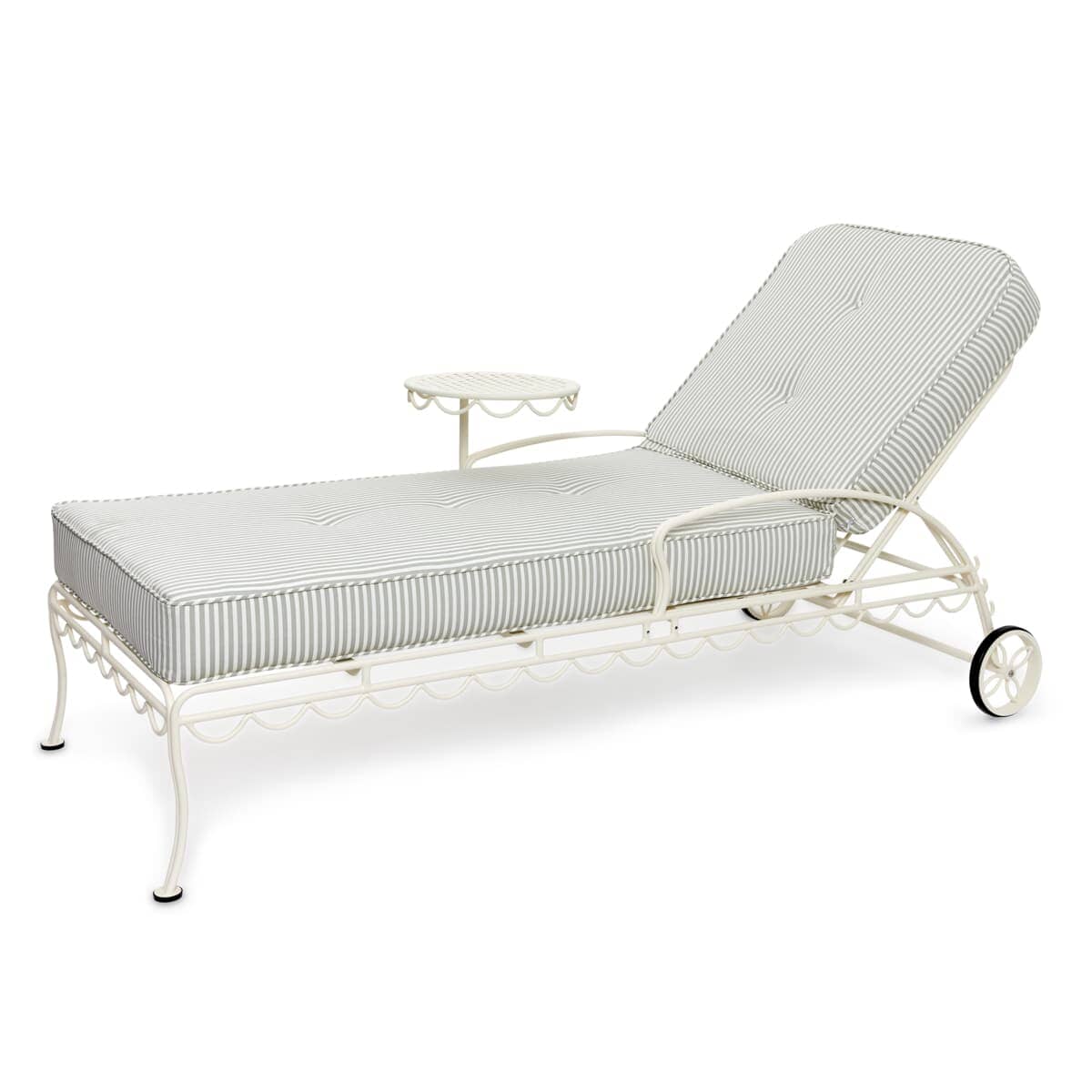 SAGE STRIPE LOUNGER CUSHION ON ANTIQUE WHITE LOUNGER