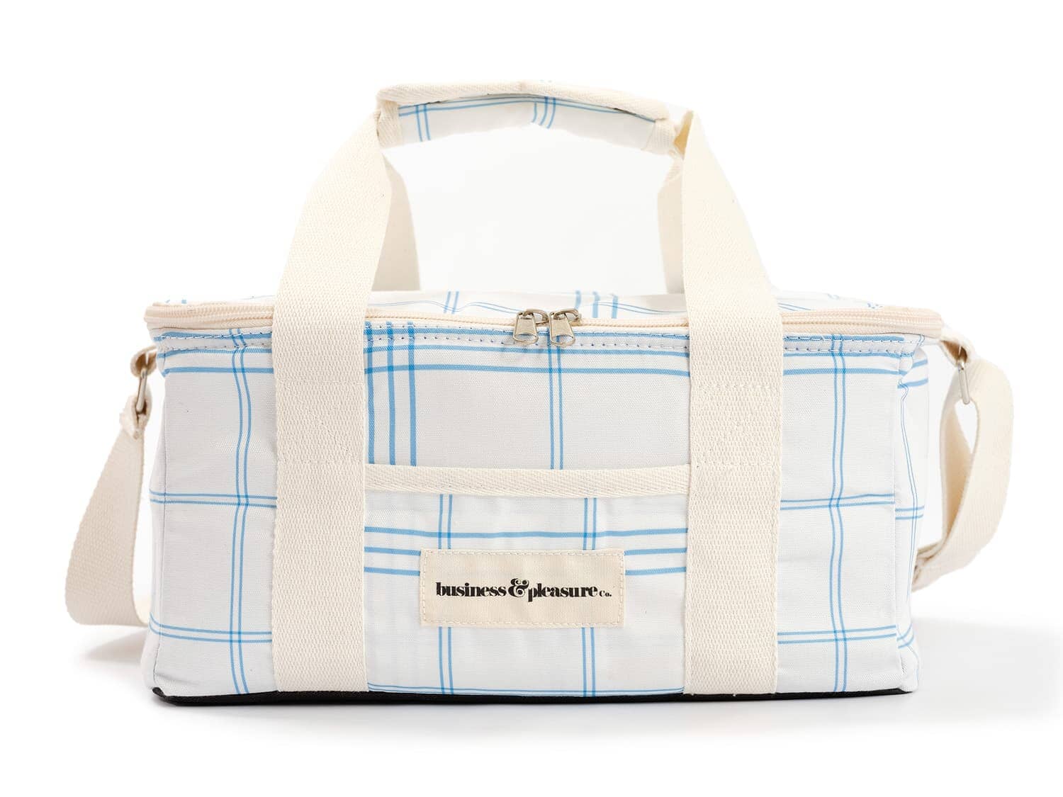 studio image of blue plaid holiday cooler