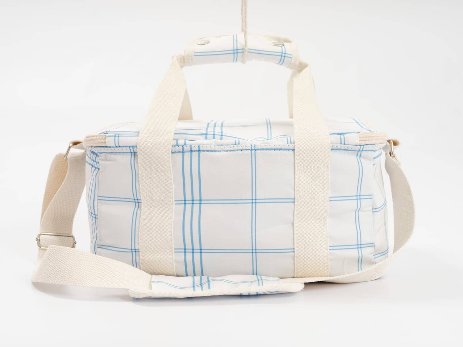 studio image of back of blue plaid holiday cooler