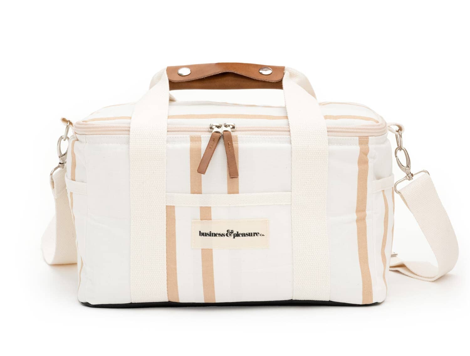 studio image of sand two stripe premium cooler bag