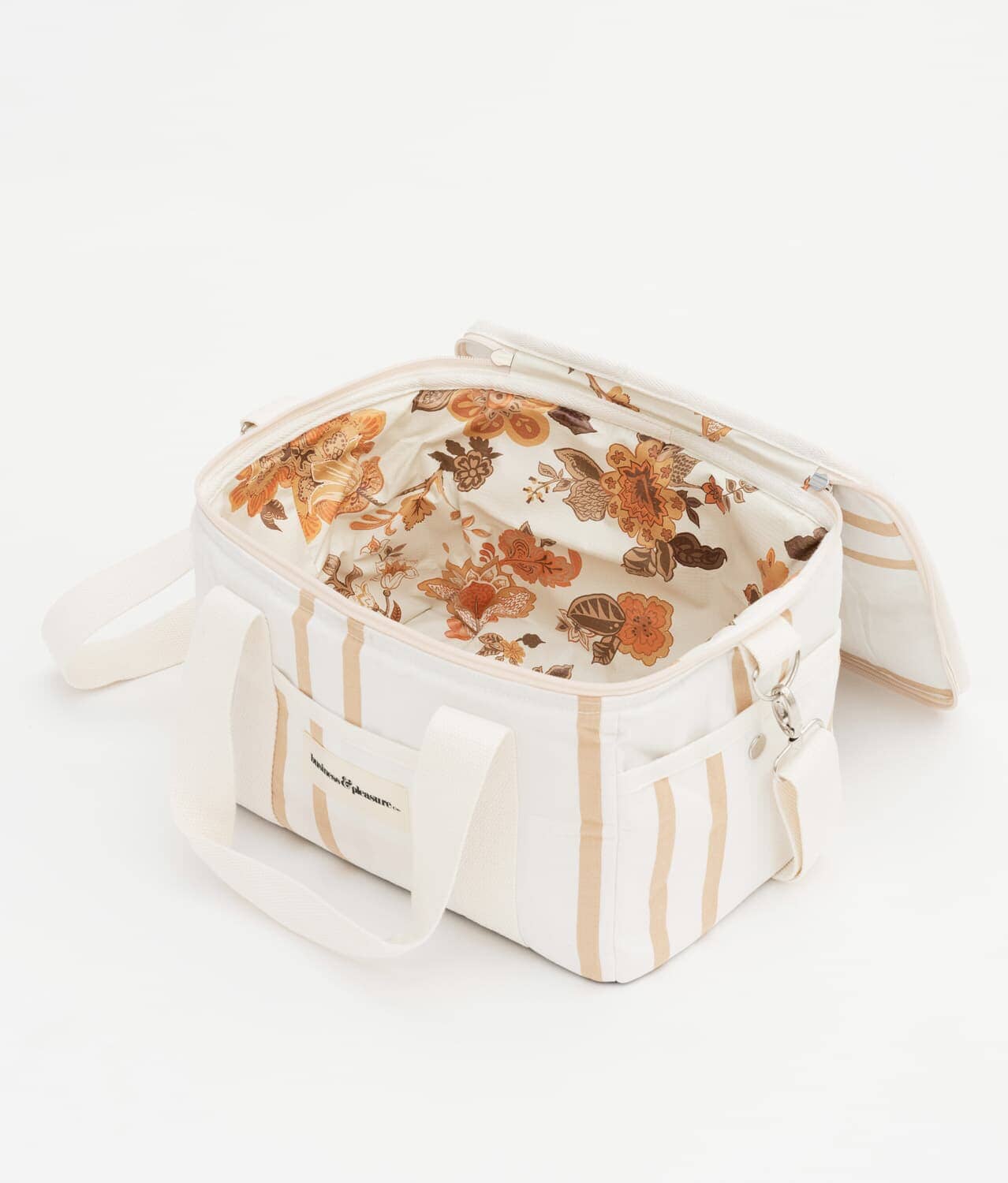 studio image of sand two stripe premium cooler bag