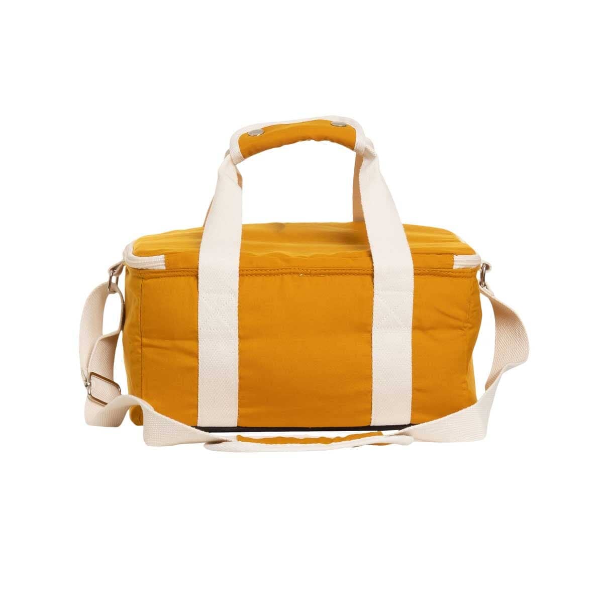 studio image of back of vintage gold holiday cooler bag