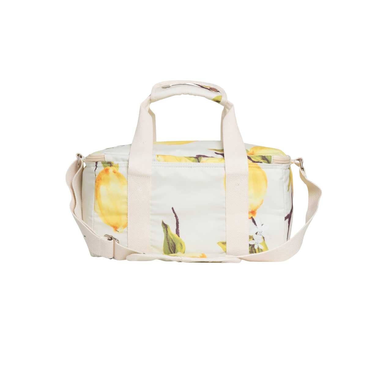 studio image of back of Vintage lemons holiday cooler bag