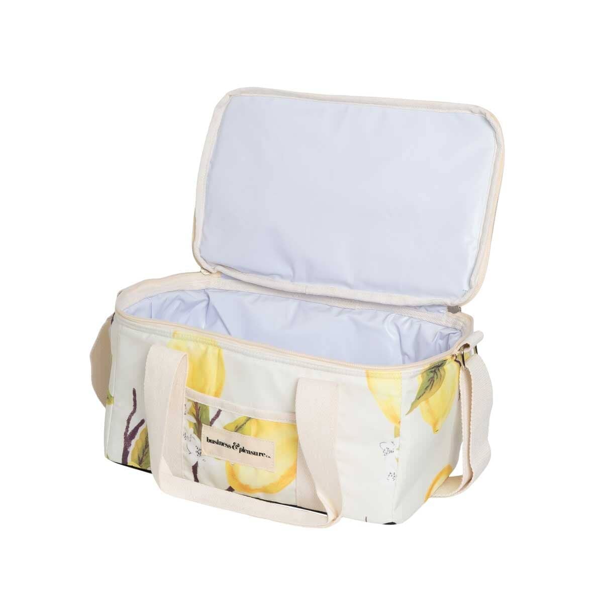 studio image of vintage lemons holiday cooler bag interior