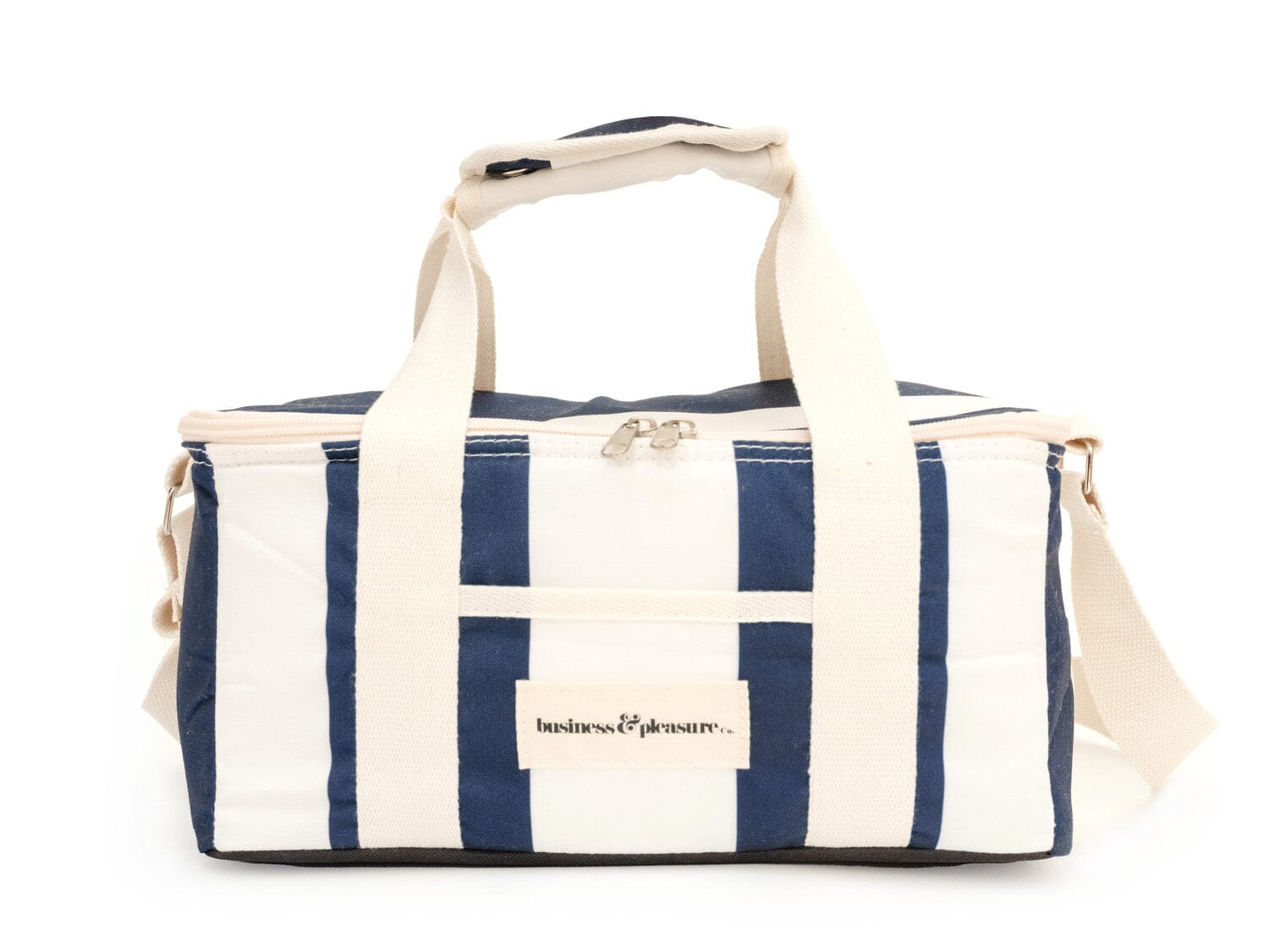 studio image of navy holiday cooler bag