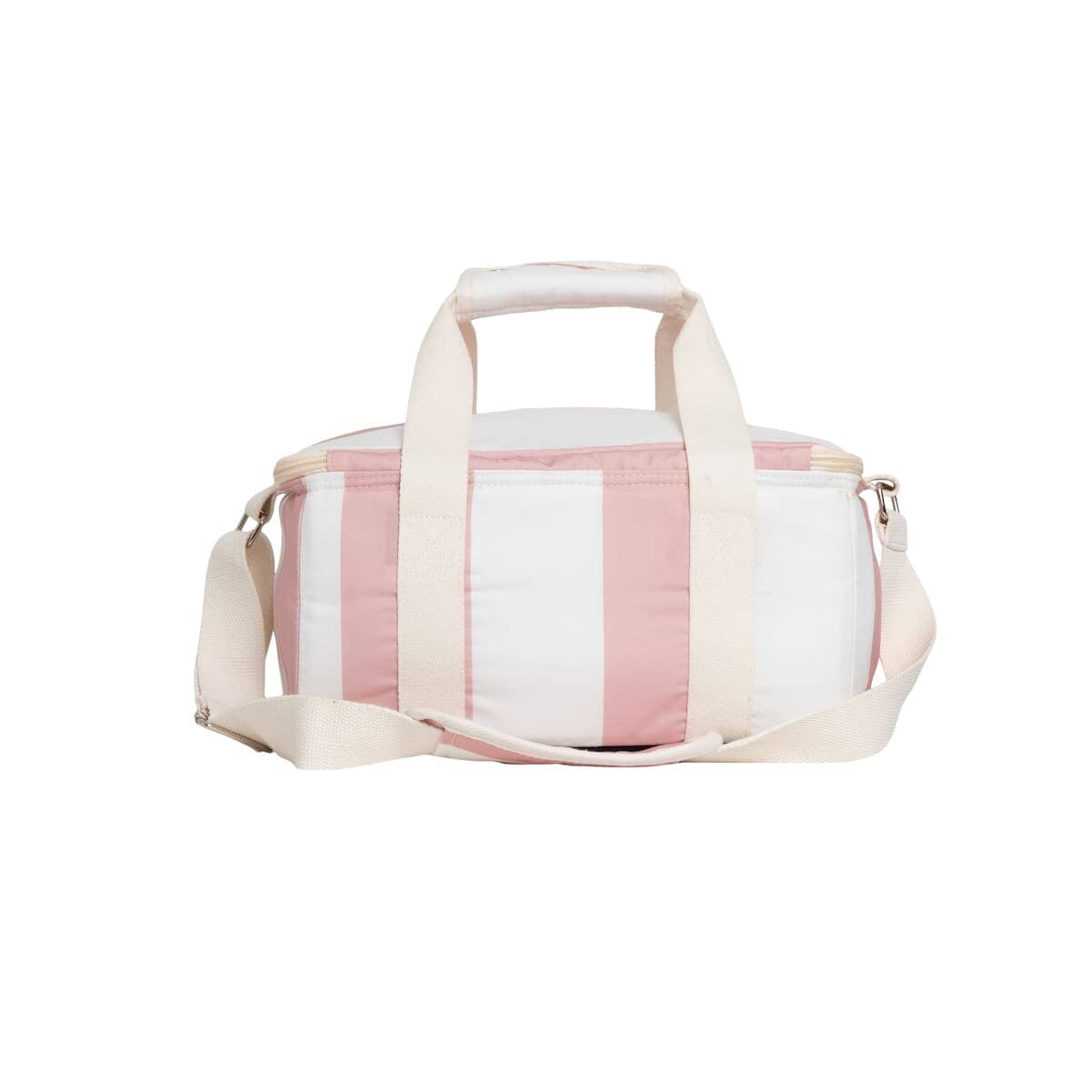 studio image of back pink holiday cooler bag