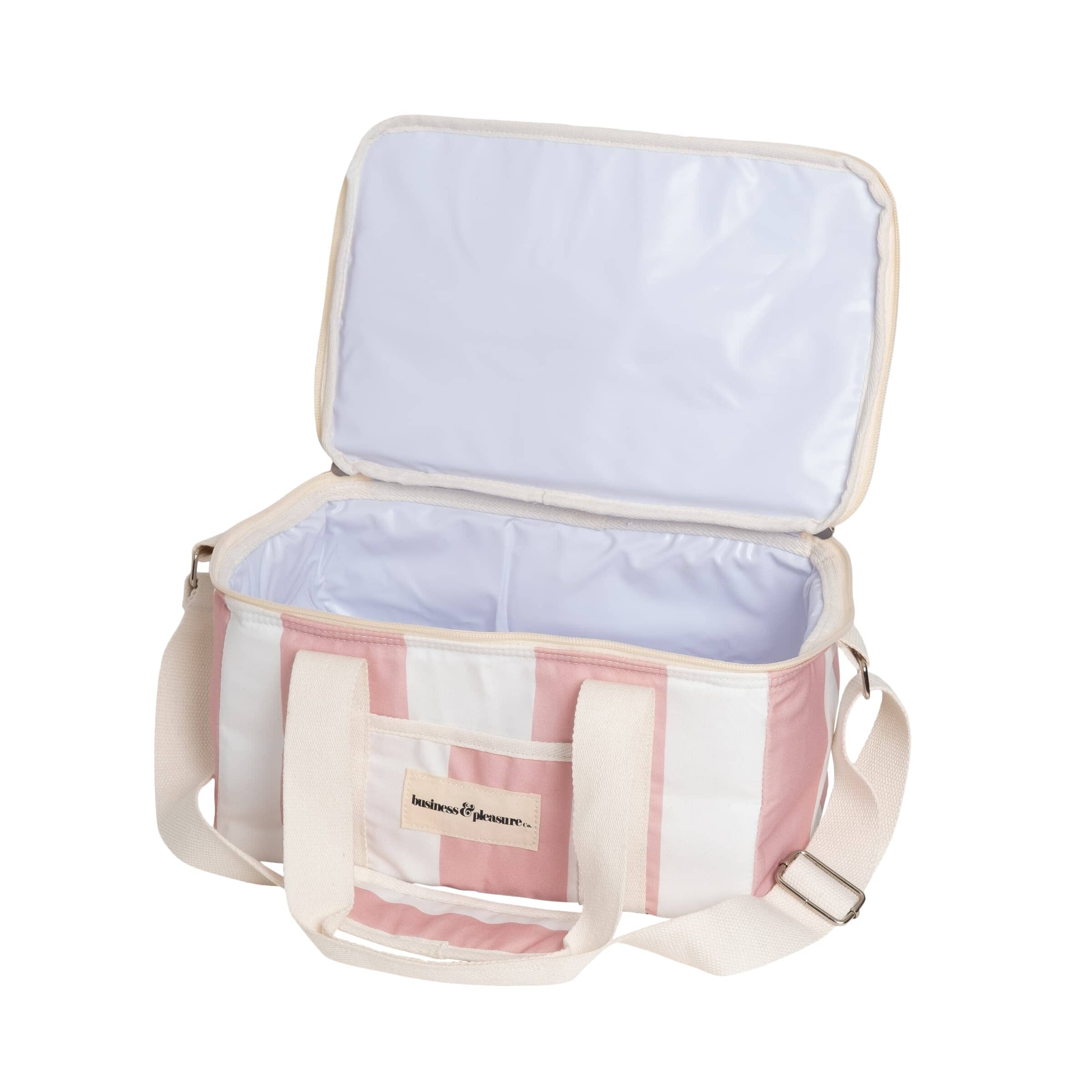 studio image of pink holiday cooler bag interior