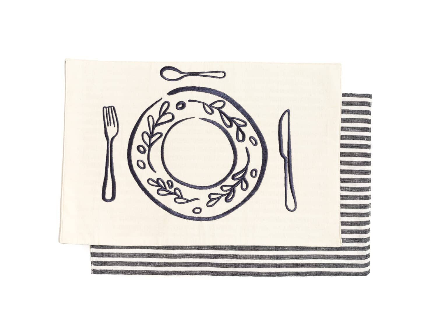 front and back images of navy stripe placemat