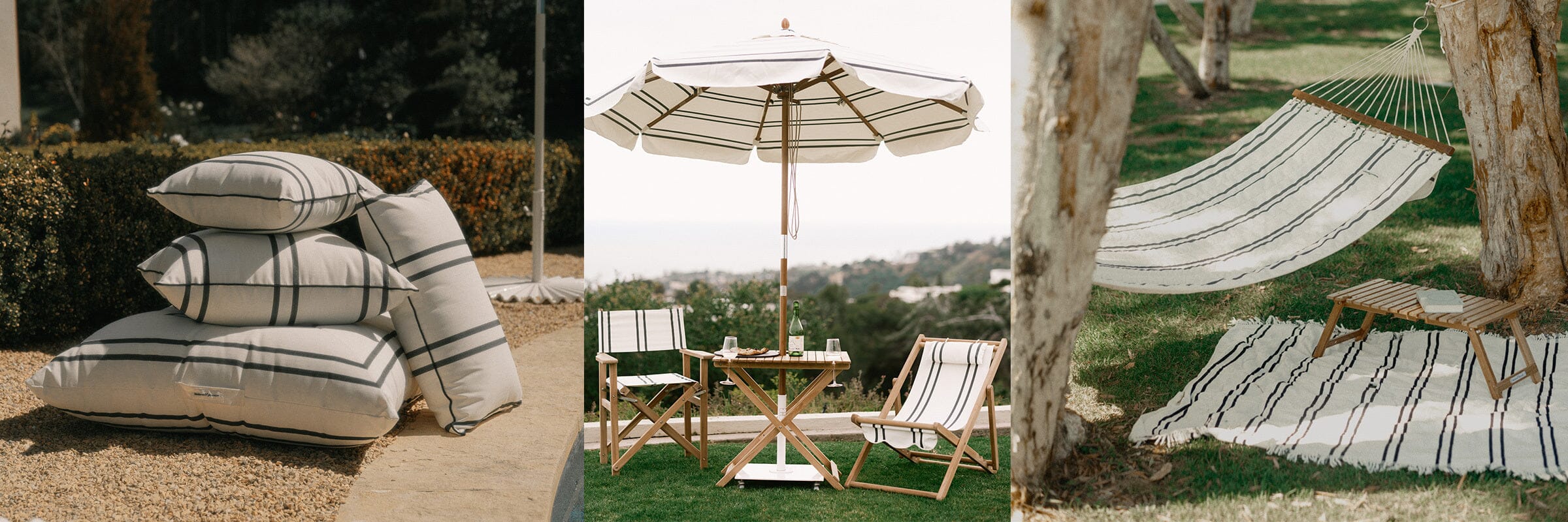 Malibu Black Stripe Collection showing pillows, umbrellas and chairs