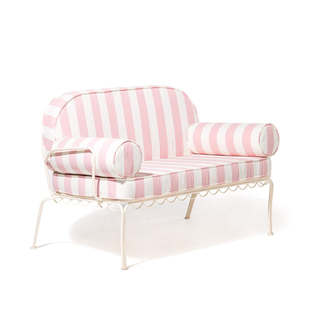 The Al Fresco Love Seat in Crew Pink Stripe | Antique White Frame Al Fresco Love Seat Kit Business & Pleasure Co. 