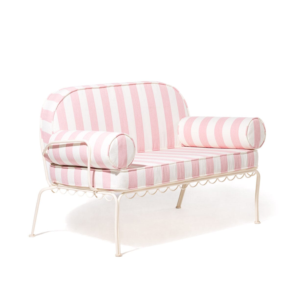 The Al Fresco Love Seat in Crew Pink Stripe | Antique White Frame Al Fresco Love Seat Kit Business & Pleasure Co. 