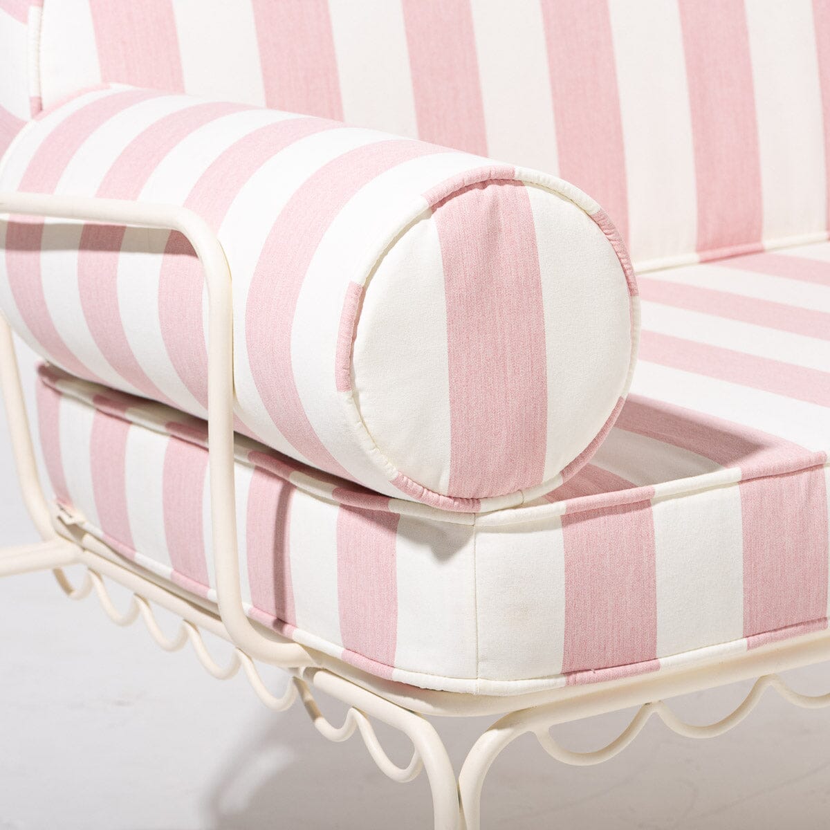 The Al Fresco Love Seat in Crew Pink Stripe | Antique White Frame Al Fresco Love Seat Kit Business & Pleasure Co. 