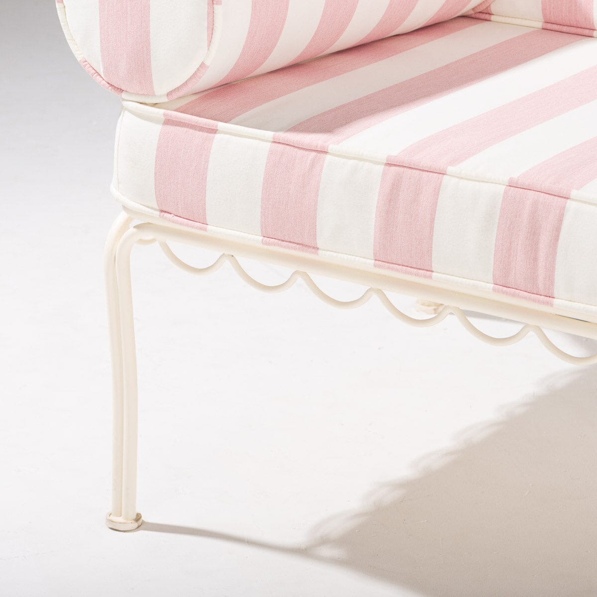 The Al Fresco Love Seat in Crew Pink Stripe | Antique White Frame Al Fresco Love Seat Kit Business & Pleasure Co. 