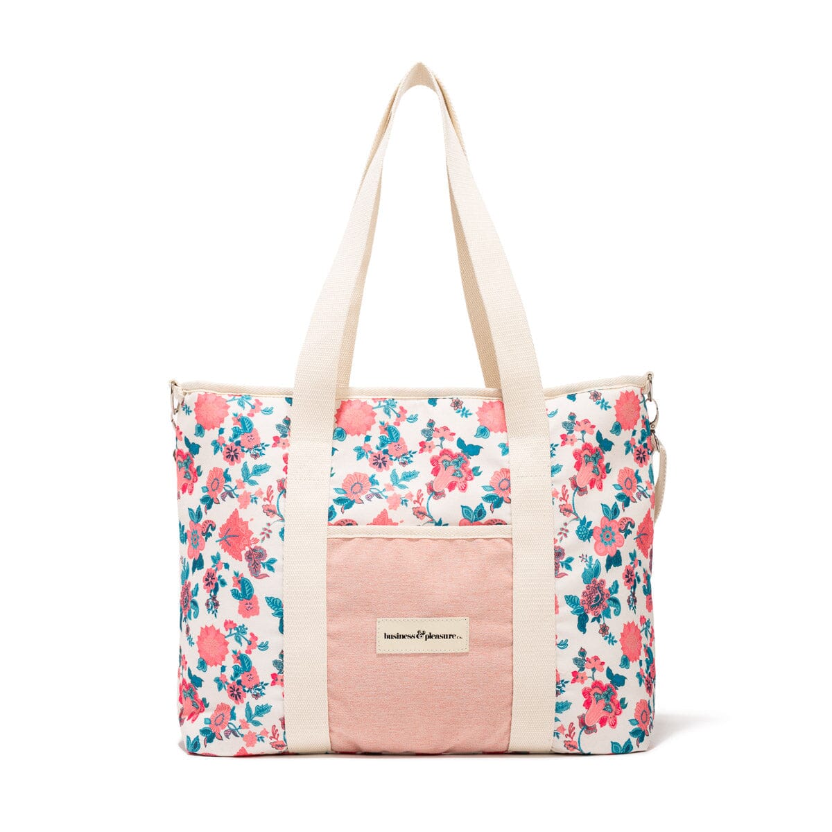 Product image of Floral patterned tote bag with pink accents on a white background