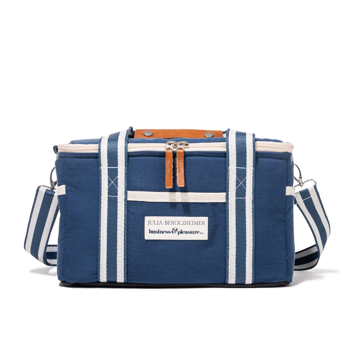 Blue and white striped bag with a visible brand label on a white background