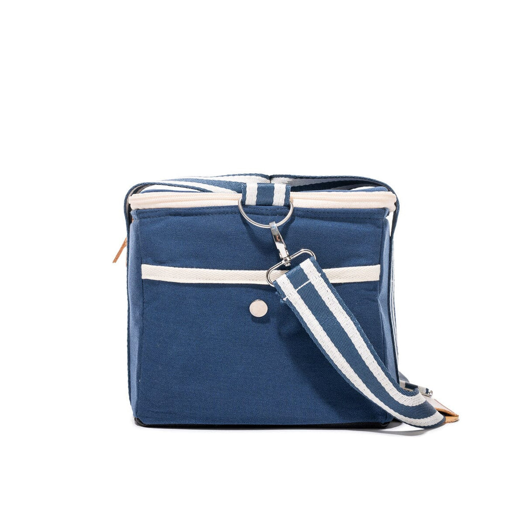 Blue bag with white accents on a white background