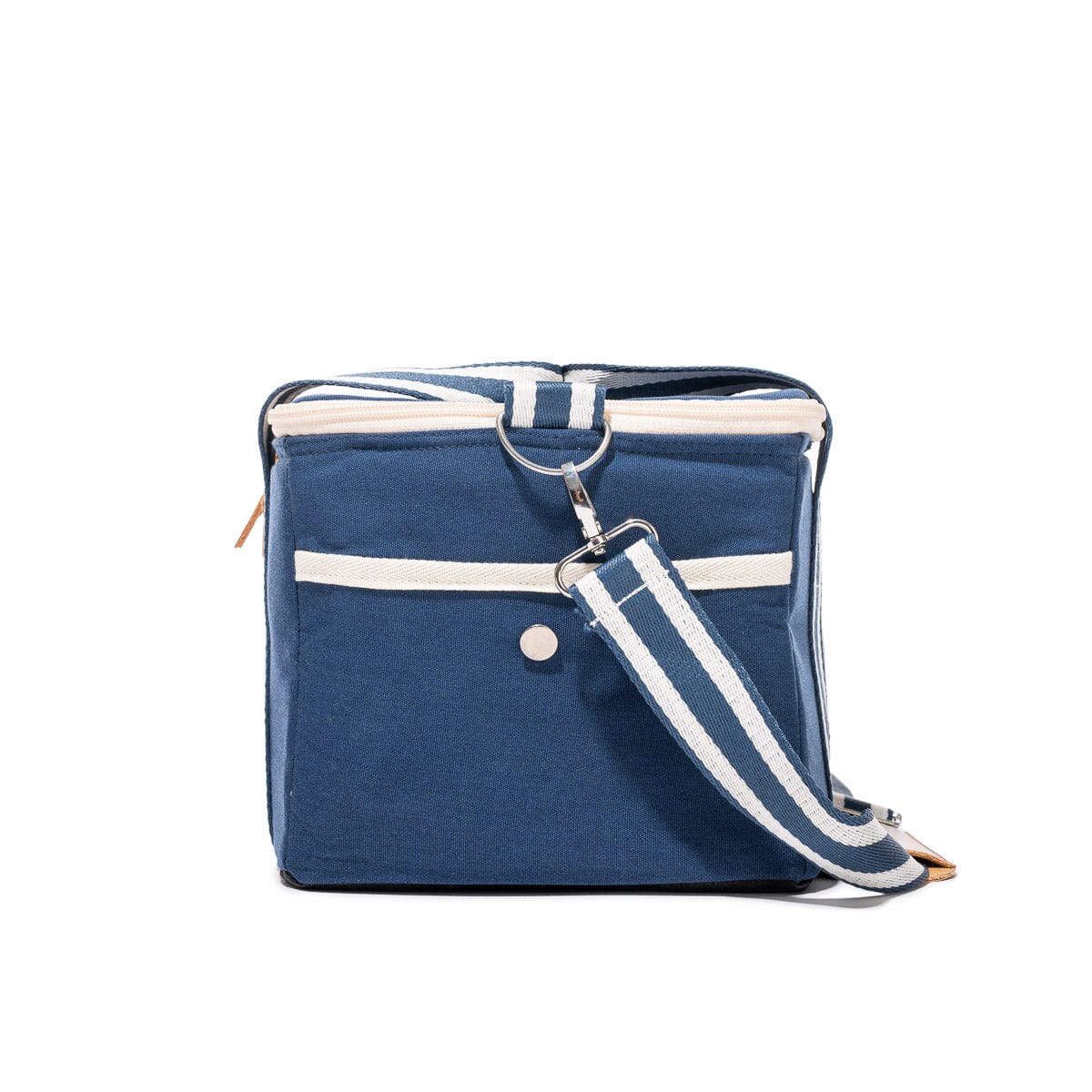 Blue bag with white accents on a white background