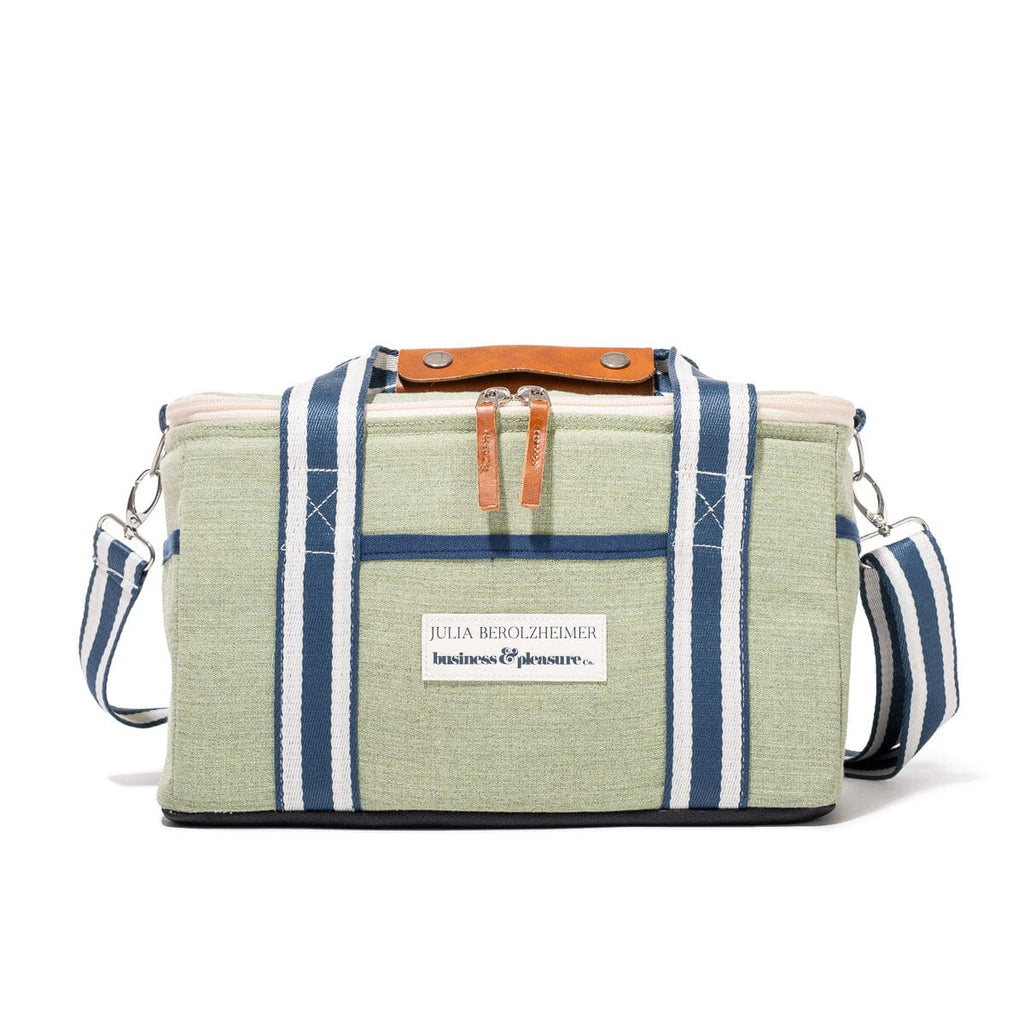 Green and blue striped bag with a visible brand label on a white background