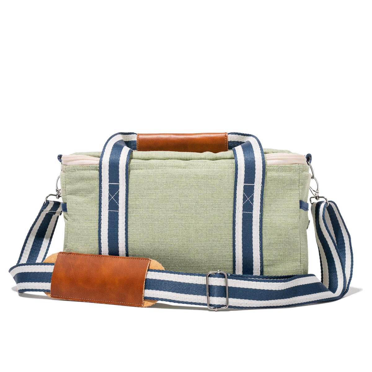 Green bag with striped strap and brown leather accents on a white background