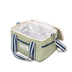Green and blue striped cooler bag with a patterned interior on a white background