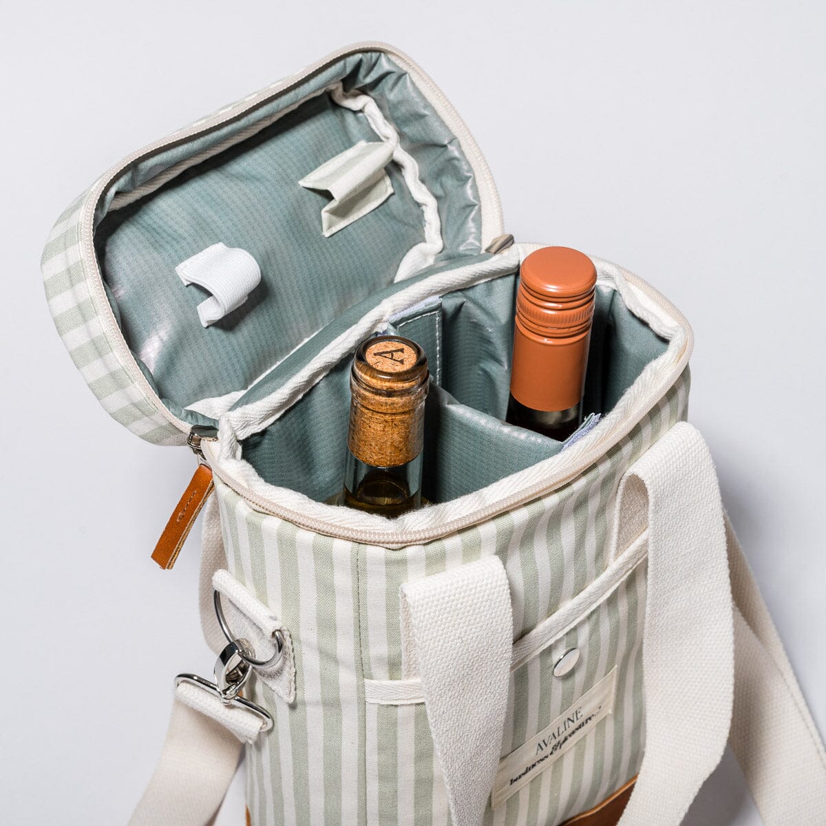 The Wine Cooler Tote Bag - Avaline Laurens Sage Stripe Wine Cooler Tote Bag Business & Pleasure Co 