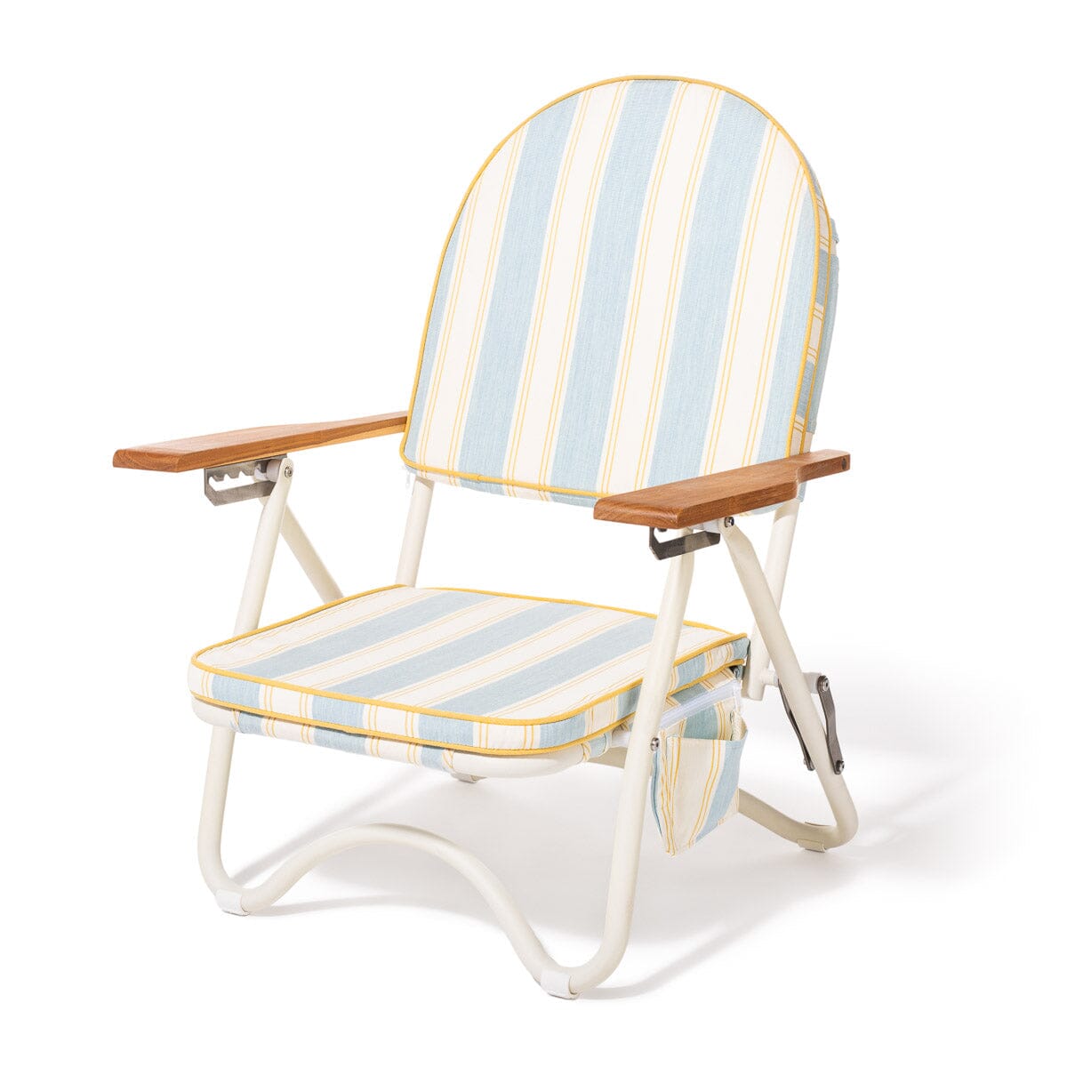 Product image of Striped folding beach chair with wooden armrests on a white background
