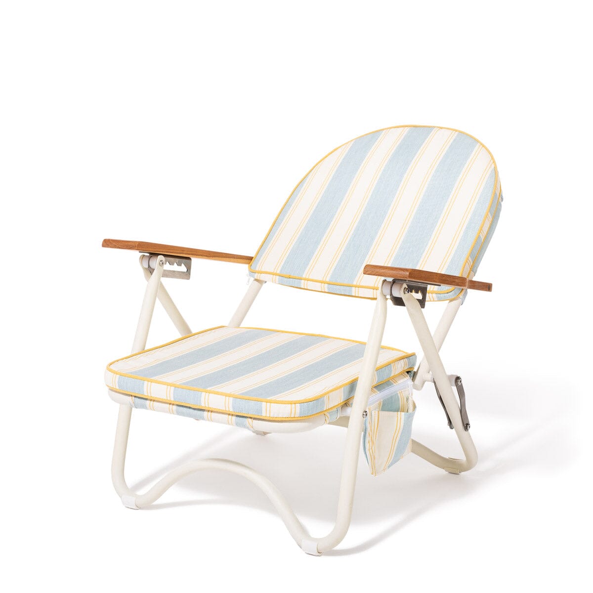 Striped beach chair with wooden armrests on a white background