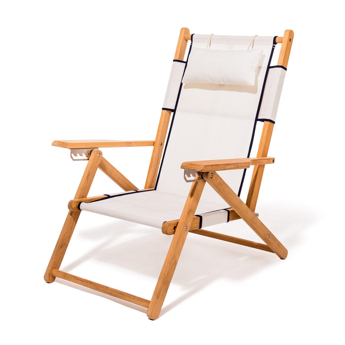 Product image of Wooden deck chair with white canvas seat and backrest with navy blue piping