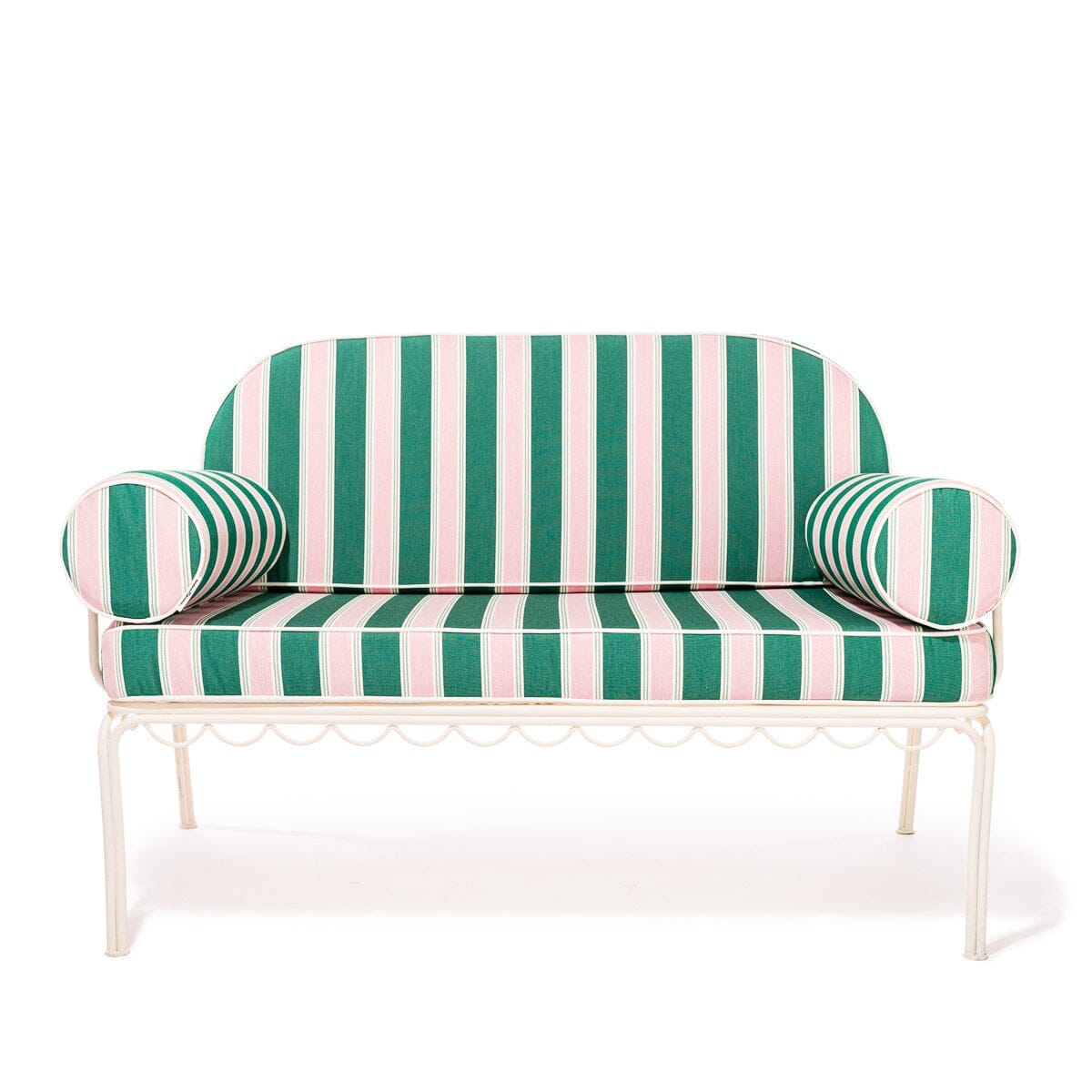 The Al Fresco Love Seat in Bistro Green Stripe | Antique White Frame Bundle Business & Pleasure Co. 