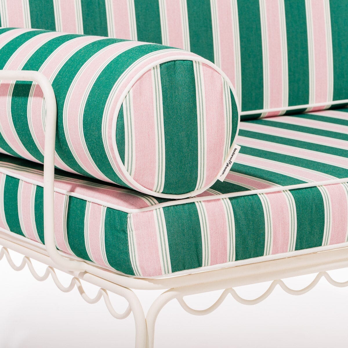 The Al Fresco Love Seat in Bistro Green Stripe | Antique White Frame Bundle Business & Pleasure Co. 